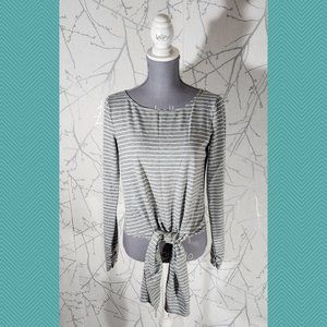 Max Studio Gray Striped Tie Front Tee